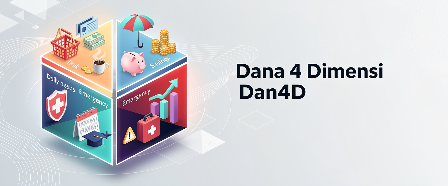 Ilustrasi dana 4 dimensi untuk harian, tabungan, darurat, dan rencana untuk Dan4D dengan tema dana 4 dimensi: harian, tabungan, darurat, dan rencana masa depan.